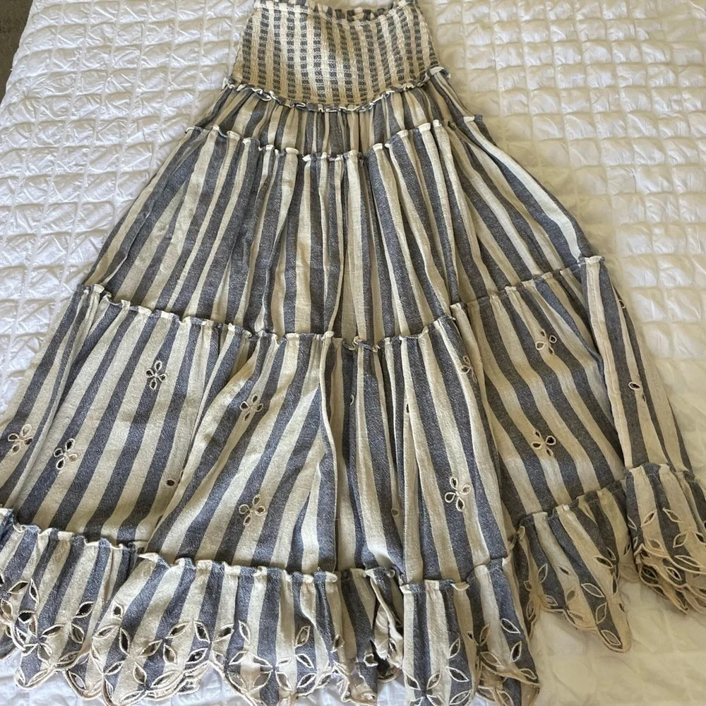Rococo Sand Striped Boho Tiered Maxi Skirt in Navy and Cream